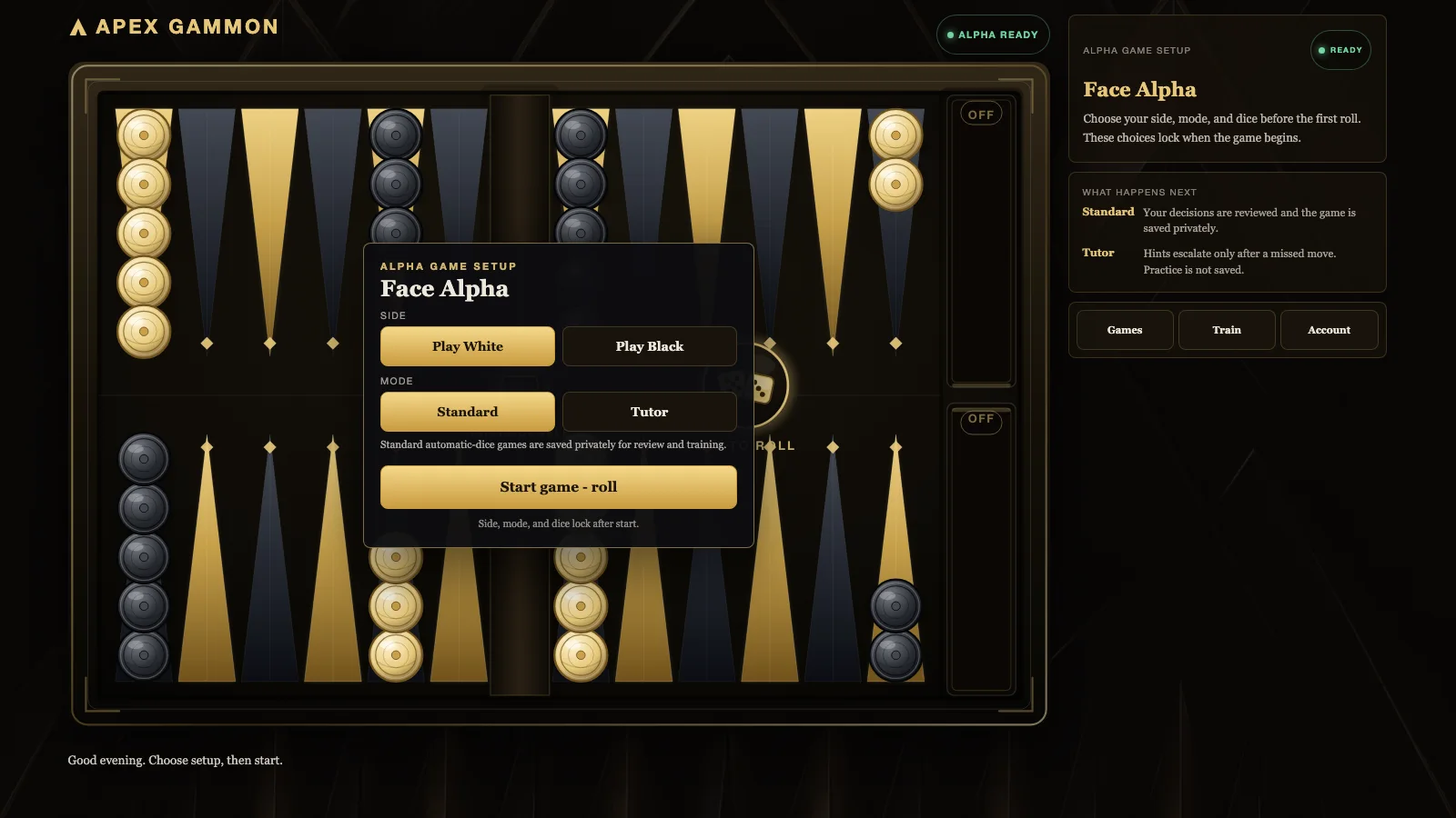 Alpha game setup on the Apex premium backgammon board