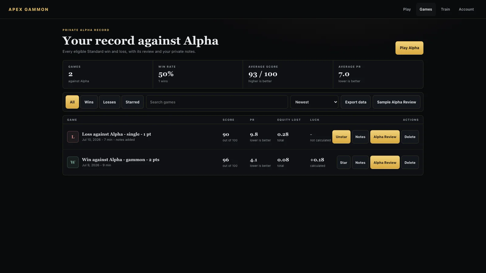 Private Apex game history showing record against Alpha, game scores, search, and review links