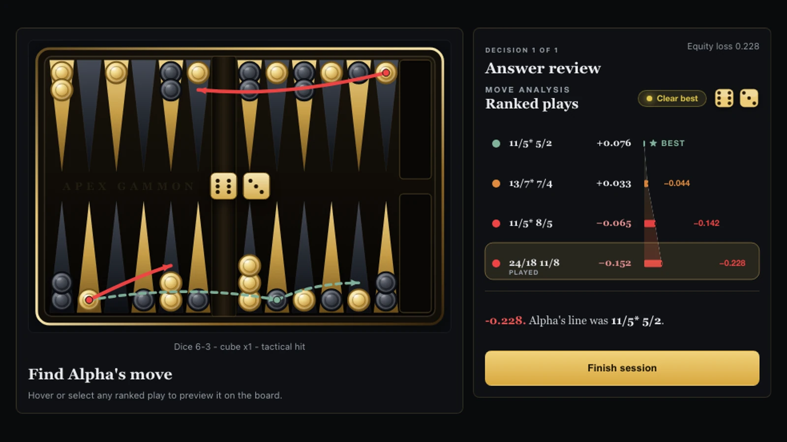 Apex answer review showing the played move and Alpha's legal correction on the board